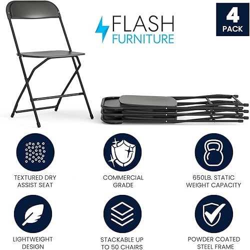 Vista 370 de Flash Furniture Hercules - Silla plegable comercial grande y alta, extraancha, capacidad de 650 libras de plástico duradero, color negro, paquete