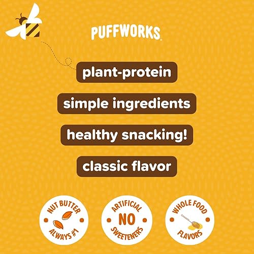 Miniatura 18 de Puffworks Bocadillos de mantequilla de maní orgánica original, 1.2 onzas (paquete de 6), aperitivo proteico a base de plantas, sin gluten y arroz