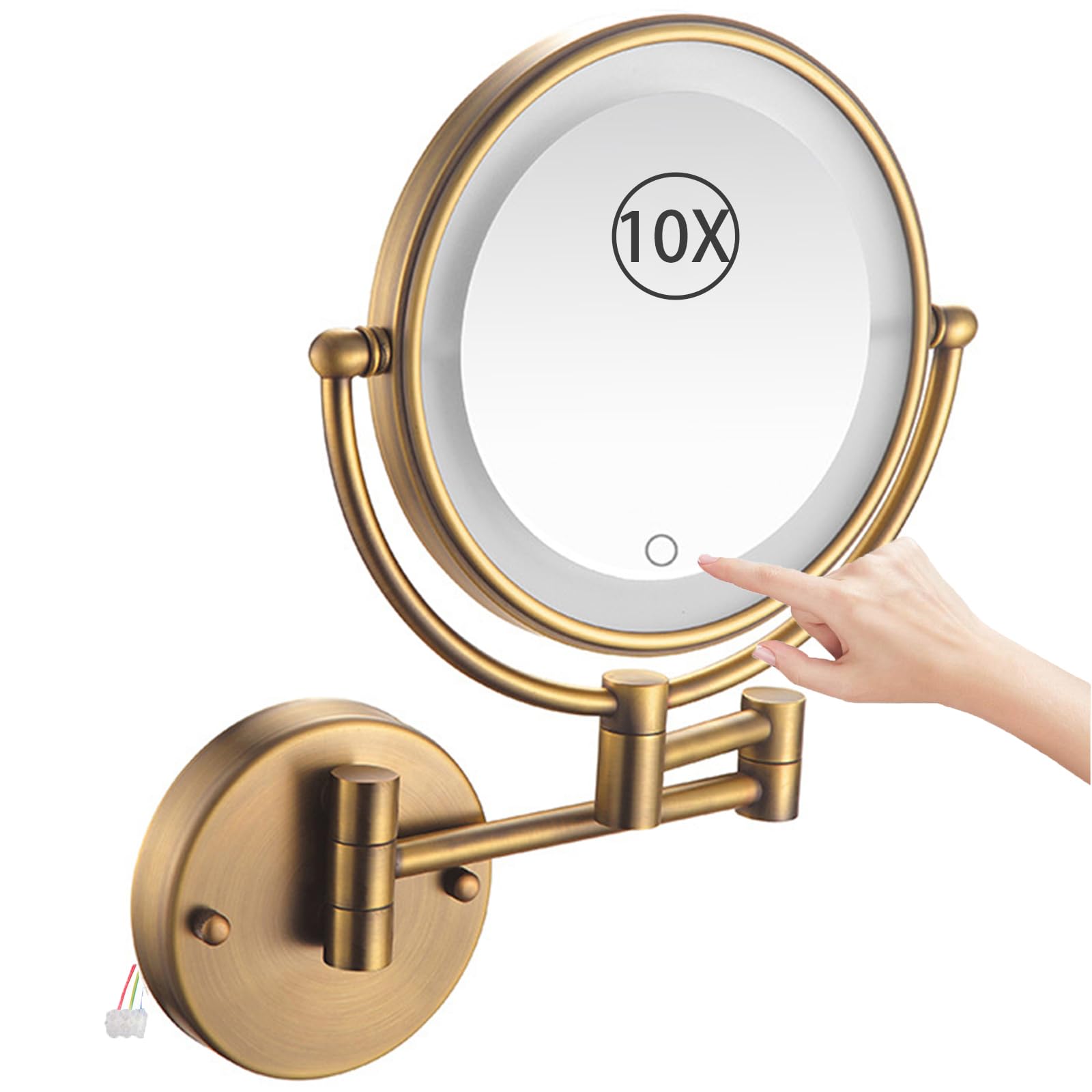 SXFSDOU Wall Mounted Magnifying Makeup Mirror, Hardwired Double Sided LED Lighted Vanity Extendable 360 Swivel Bathroom Mirror,Brass,10X
