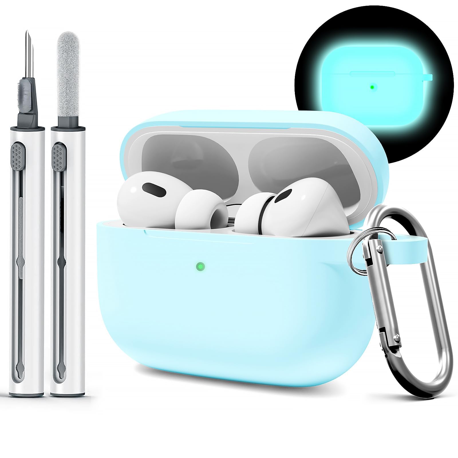 WoyingerCompatible with Airpods Pro Case,Soft Silicone Skin Case Cover with Cleaner kit and Replacement Ear Tips,Shock-Absorbing Protective Case with Keychain,Front LED Visible-Luminous Blue