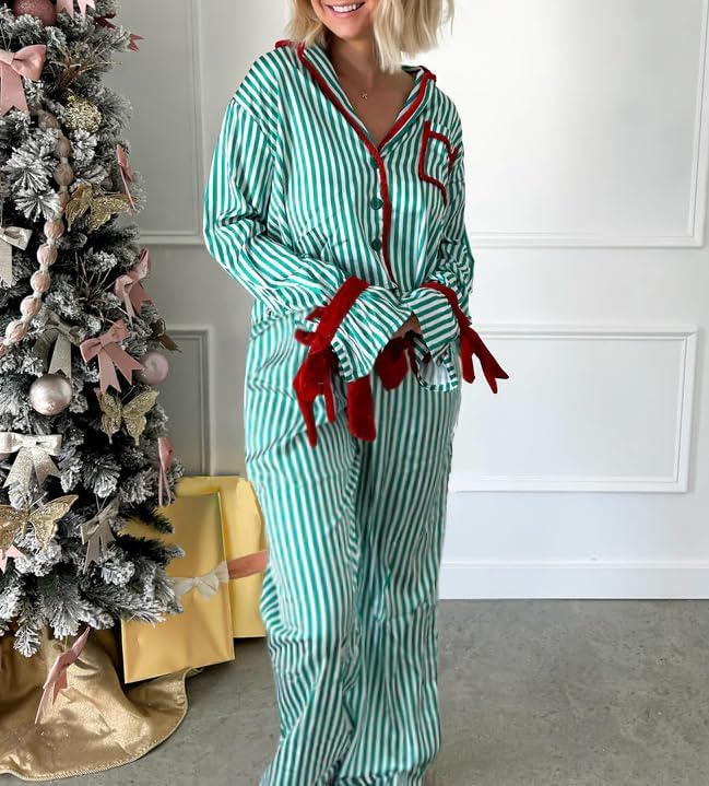 Faretumiya Cute Christmas Pajamas Women Bow Tie Long Sleeve Shirt Pants Pj Set Xmas Graphic Print 2 Piece Satin Sleepwear - Image 3