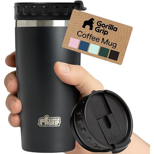 GORILLA GRIP 304 Stainless Steel Double Insulated Travel Coffee Mug, Leakproof Lid with Smooth Sip Top, Prevent Spills, Dent & Rust Resistant Reusable Tumbler Cup, Thermal Mugs for Drinks, 20oz, Black
