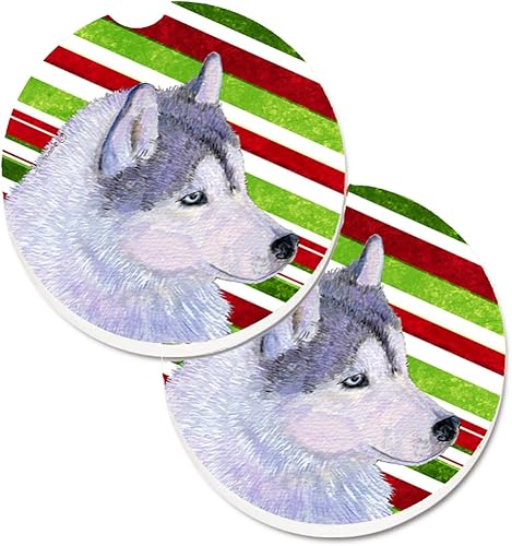 Miniatura 1 de Caroline's Treasures SS4533CARC - Juego de 2 posavasos de bastón de caramelo siberiano Husky para Navidad, posavasos absorbentes de piedra arenisca