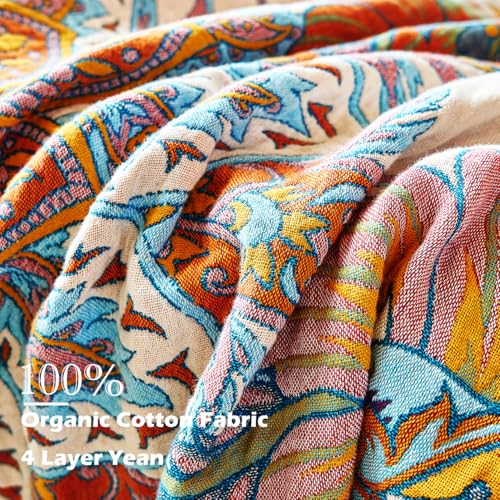 Boho Throw Blanket, 100% Organic Cotton Breathable Skin-Friendly Ultra Soft Bed Quilt Throw - All Season Floral Bird Farmhouse Décor Luxury Blanket for Sofa Couch Chair and Gift. 80" x 90"
