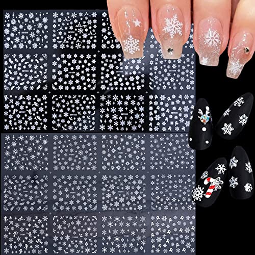 24 Sheets Snowflakes Nail Art Stickers Decals Christmas Nail Decals 3D Snowflake Self-Adhesive Nail Designs White and Sliver Winter Nail Art Supplies for Women Girls Nails Tattoos Decorations