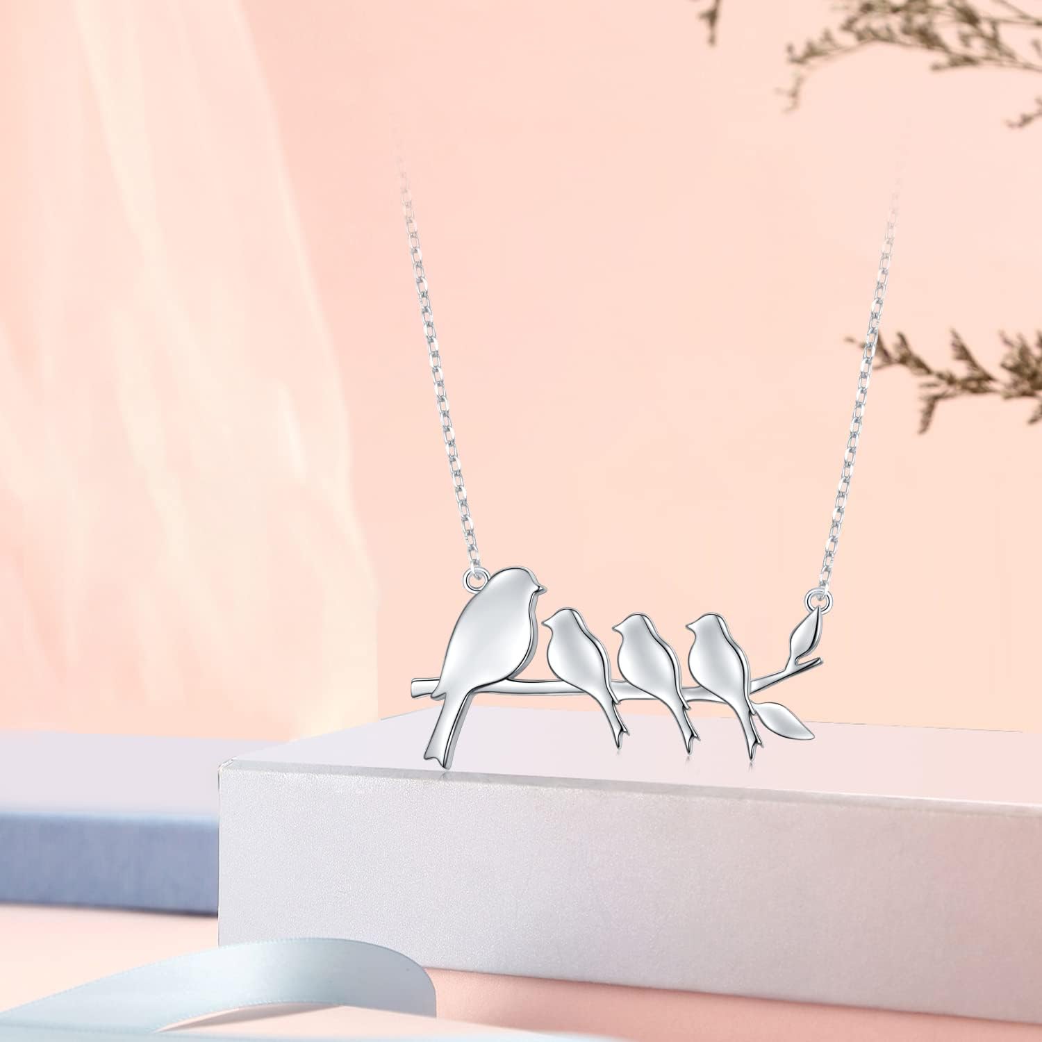 DAOCHONG 925 Sterling Silver Cute Animal Family Bird Necklace Birds on Branch Necklace for Mom from Daughter Son