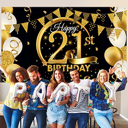 BPA Birthday Party Decoration Extra Large Fabric Black Gold Sign Poster for Anniversary Photo Booth Backdrop Background Banner, Birthday Party Supplies, 72.8 x 43.3 Inch (21st)