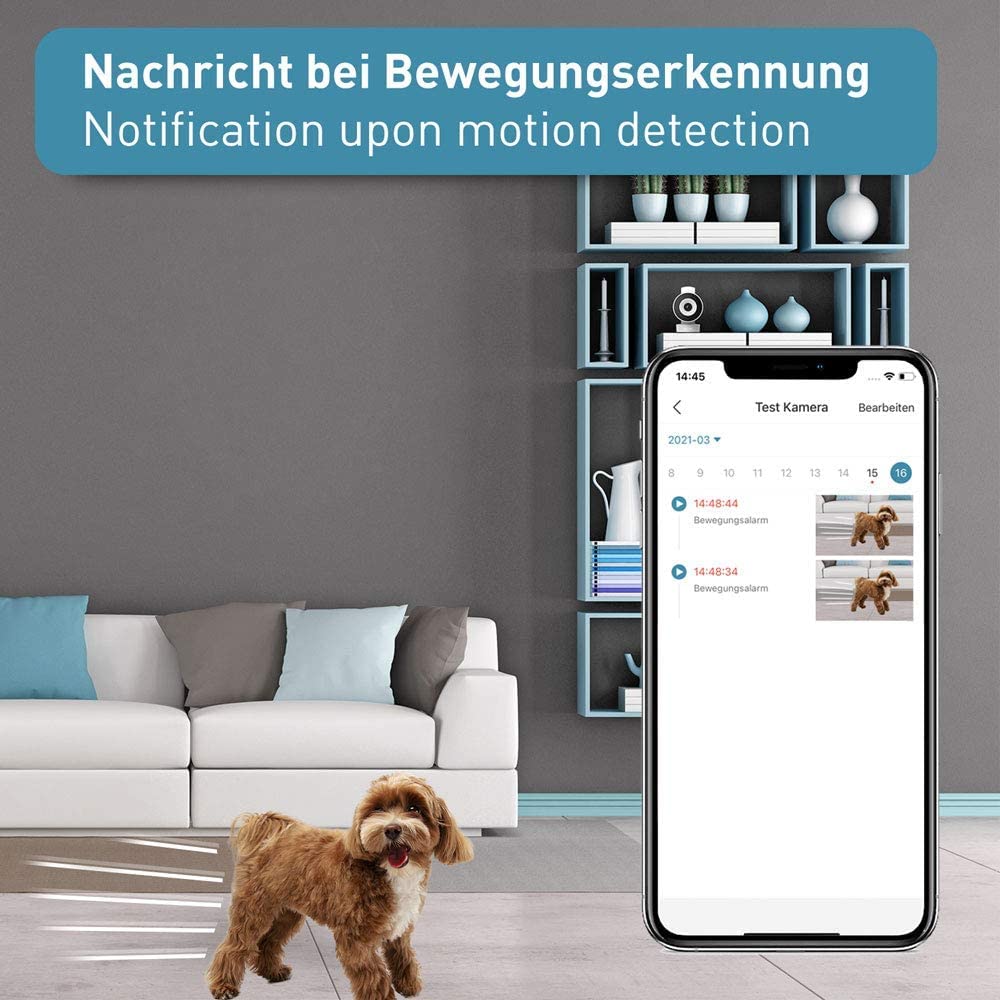 Set di 2 telecamere PetTec Cam Lite | Telecamera di sorveglianza per animali domestici con app, rilevatore di movimento e trasmissione su cellulare | Fotocamera WiFi | Telecamera WLAN per interni con