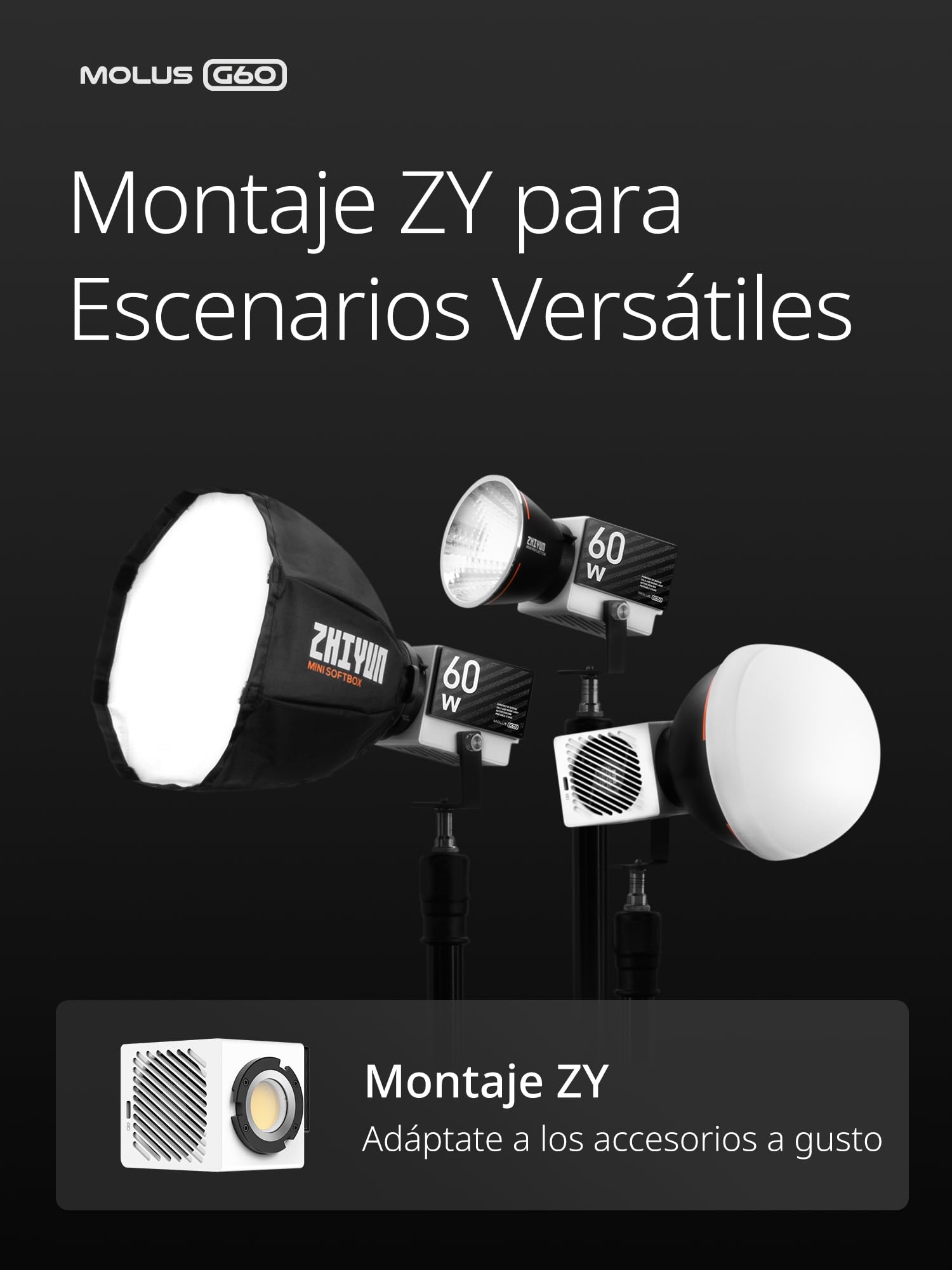 ZHIYUN MOLUS G60 [Oficial] 60W Luz Led Video 2700K-6500K, App Control, 300g | CRI 96+ TLCI 97+ Bluetooth App Control Remoto Mini Iluminacion Fotografia con Fuente de Alimentación DC/PD