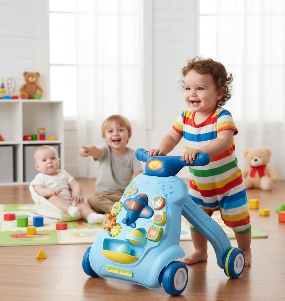 Goyal's Multi-Functional Sit-to-Stand Baby Walker with Music, Lights & Activity Center – Detachable Airplane, Rotating Gears, Shape Sorter, Ball Game, Adjustable Wheel Speed & Sand/Water Fillable Legs for Extra Stability (Blue)