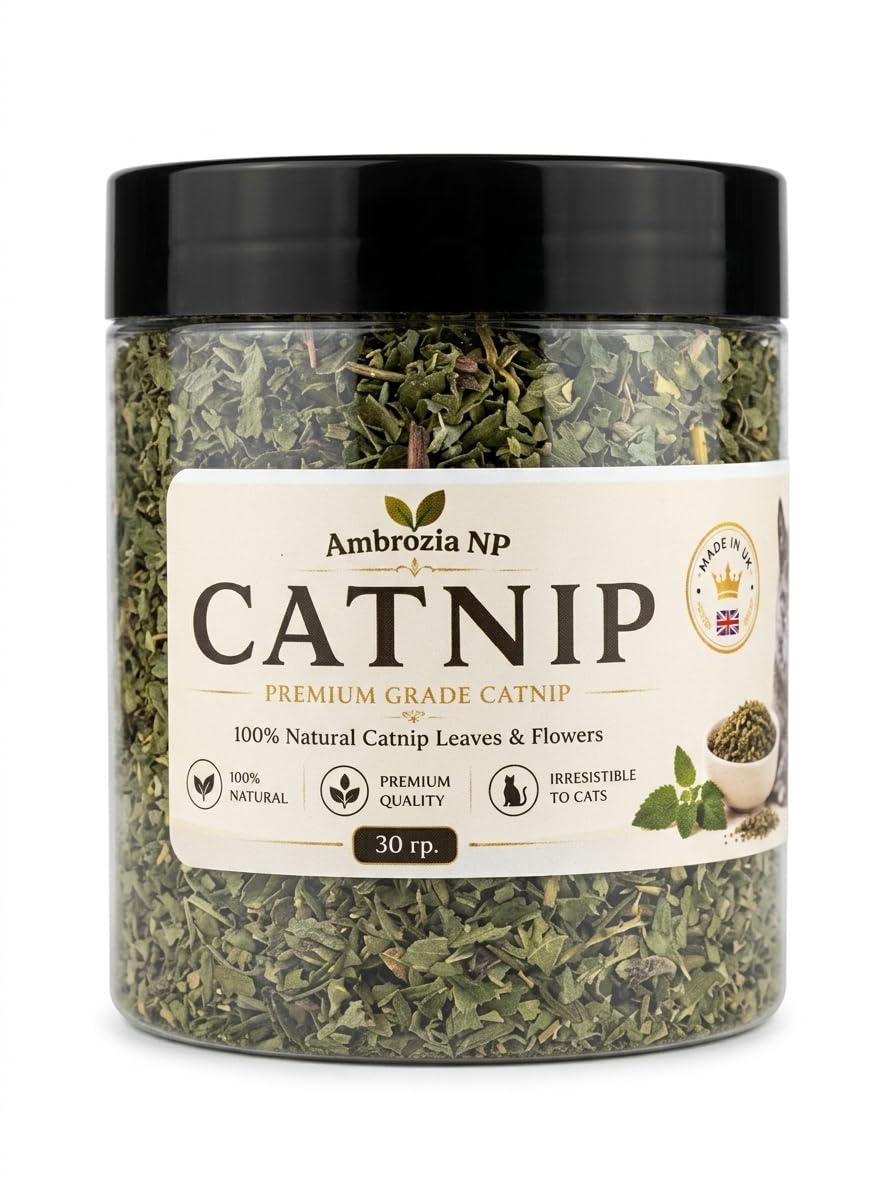Ambrozia NP Premium Catnip – 100% Natural Catnip Leaves & Flowers – Premium Grade Catnip for Cats – Made in UK – Reusable Jar