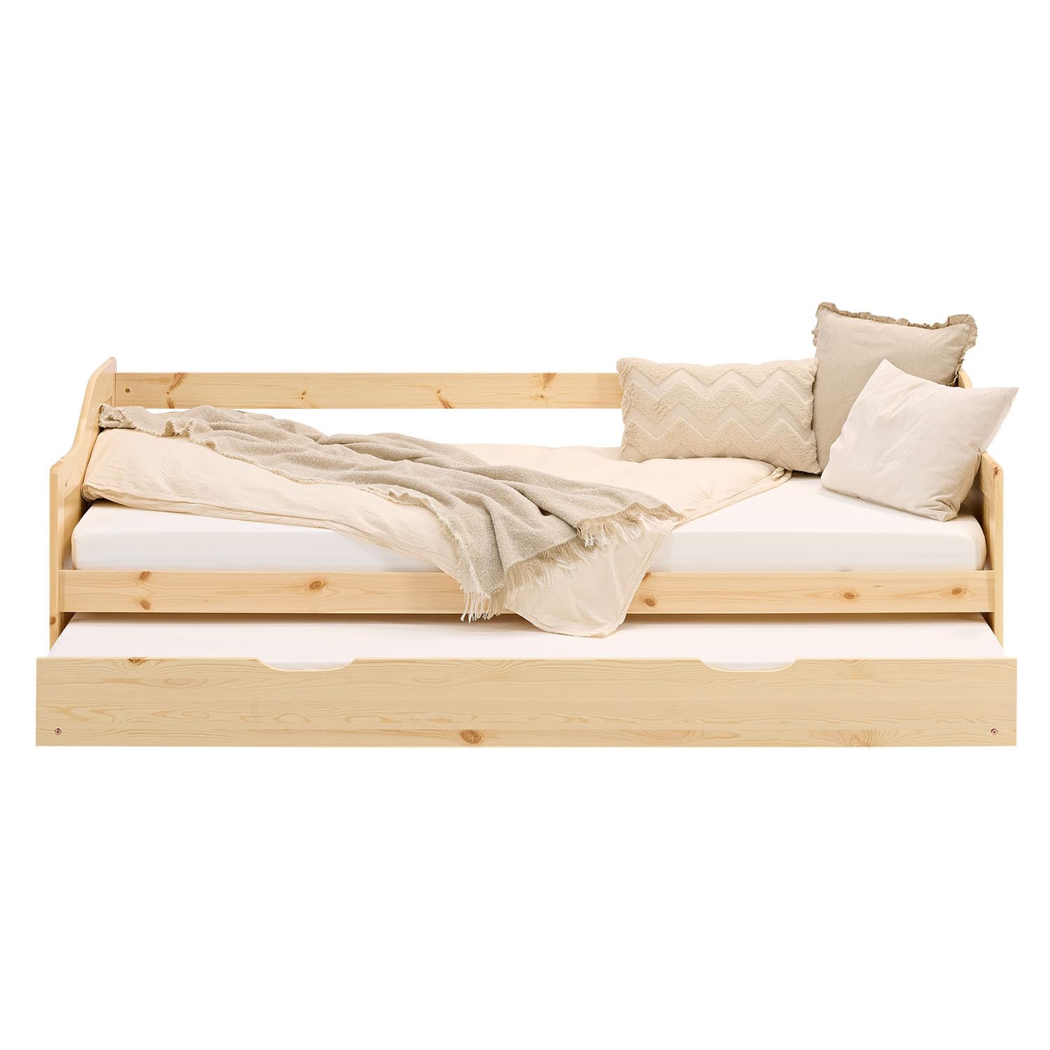 Homestyle4u Funktionsbett aus massiver Kiefer – Ausziehbett inklusive Matratze und Rolllattenrost, Natur, 90x200 cm