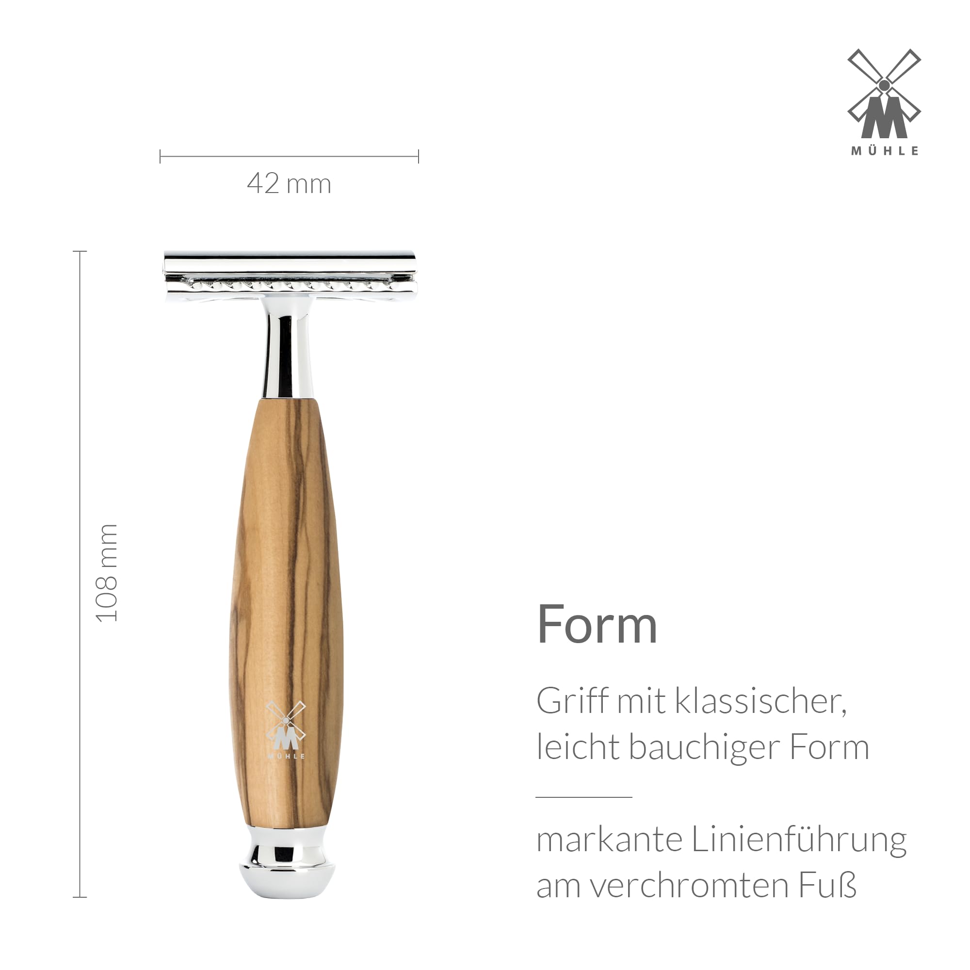 MÜHLE Vivo Rasierset - Rasierhobel, Rasierpinsel mit reinem Dachshaar, Halterung mit Schale, Griffe aus Olivenholz