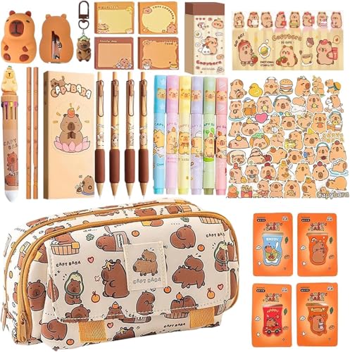 Cute Capybara Pencil Case Large Capacity Multi Layer Cute Pencil Pouch with Capybara Ball Point Pen Color Pen Eraser Bookmark Mini Notebook Pencil Sharpener Stickers and Keychain for Kids Gift