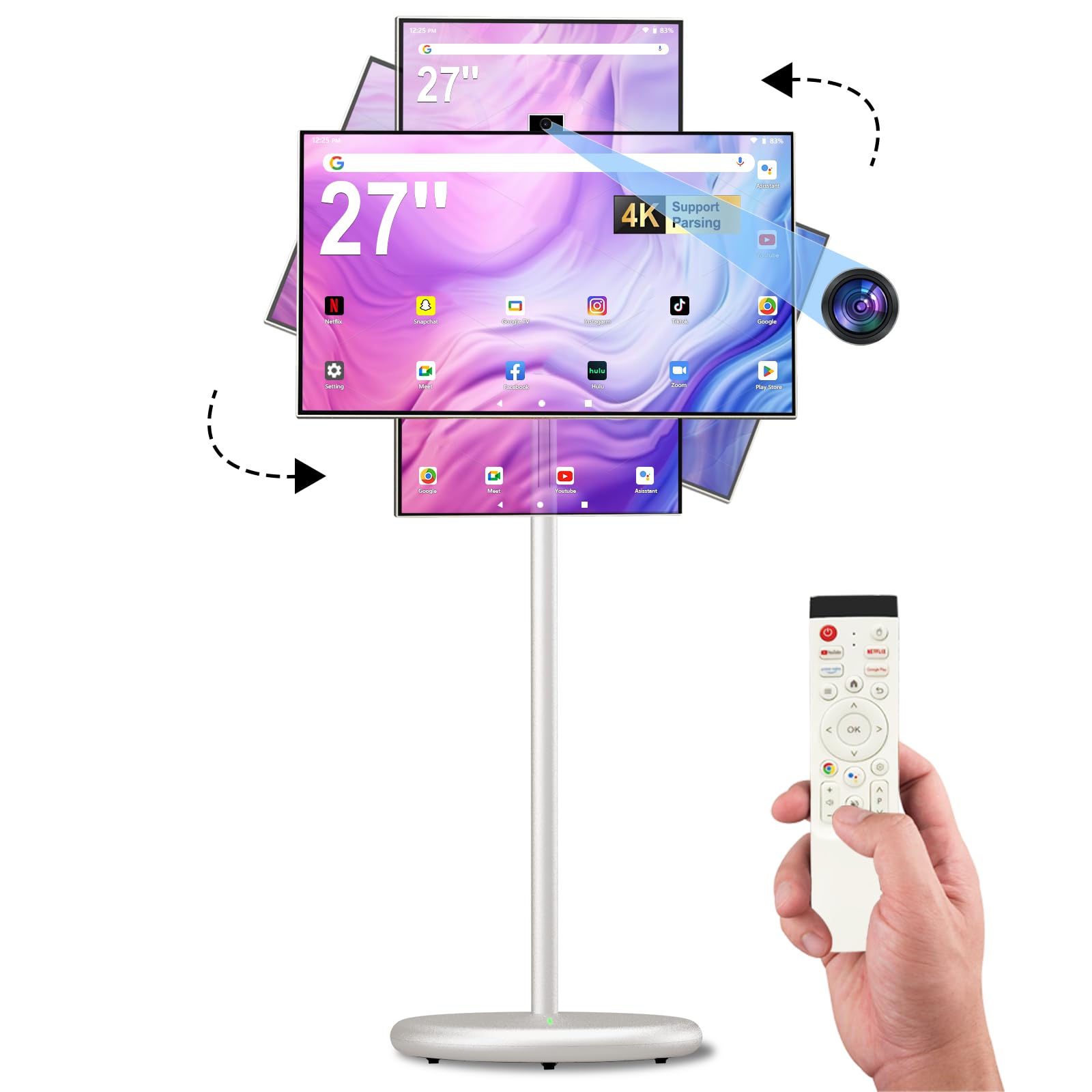 27 FHD Smart Portable TV Rolling TV on Wheels Android 15 OS 6G 128GB Storage Portable Touch Screen