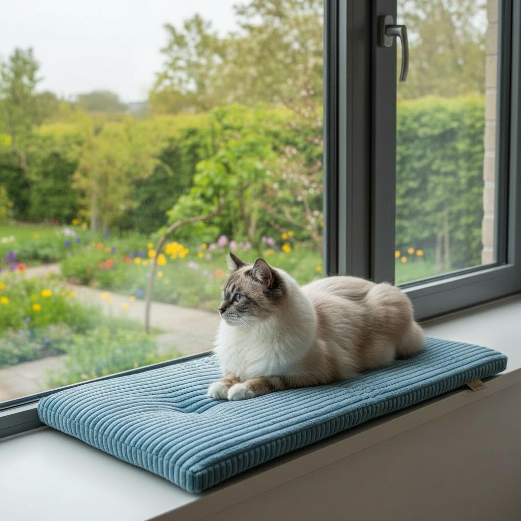 PRASKA® Katzen Fensterliege 70x28cm Weiches Katzenbett für die Fensterbank Milchig - Premium Fensterbett Katze flauschig fürs Fenster, Waschbar Fensterbrettliege, Katzen Fensterbankliege