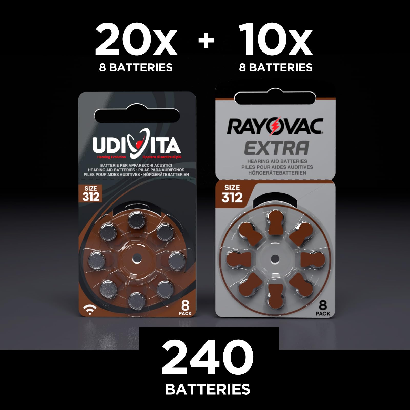 240 Batterie per Apparecchi Acustici Misura 312 PR41 (Marroni) con Phono Pulse Technology - 240 Pile: 160 Udivita + 80 Rayovac