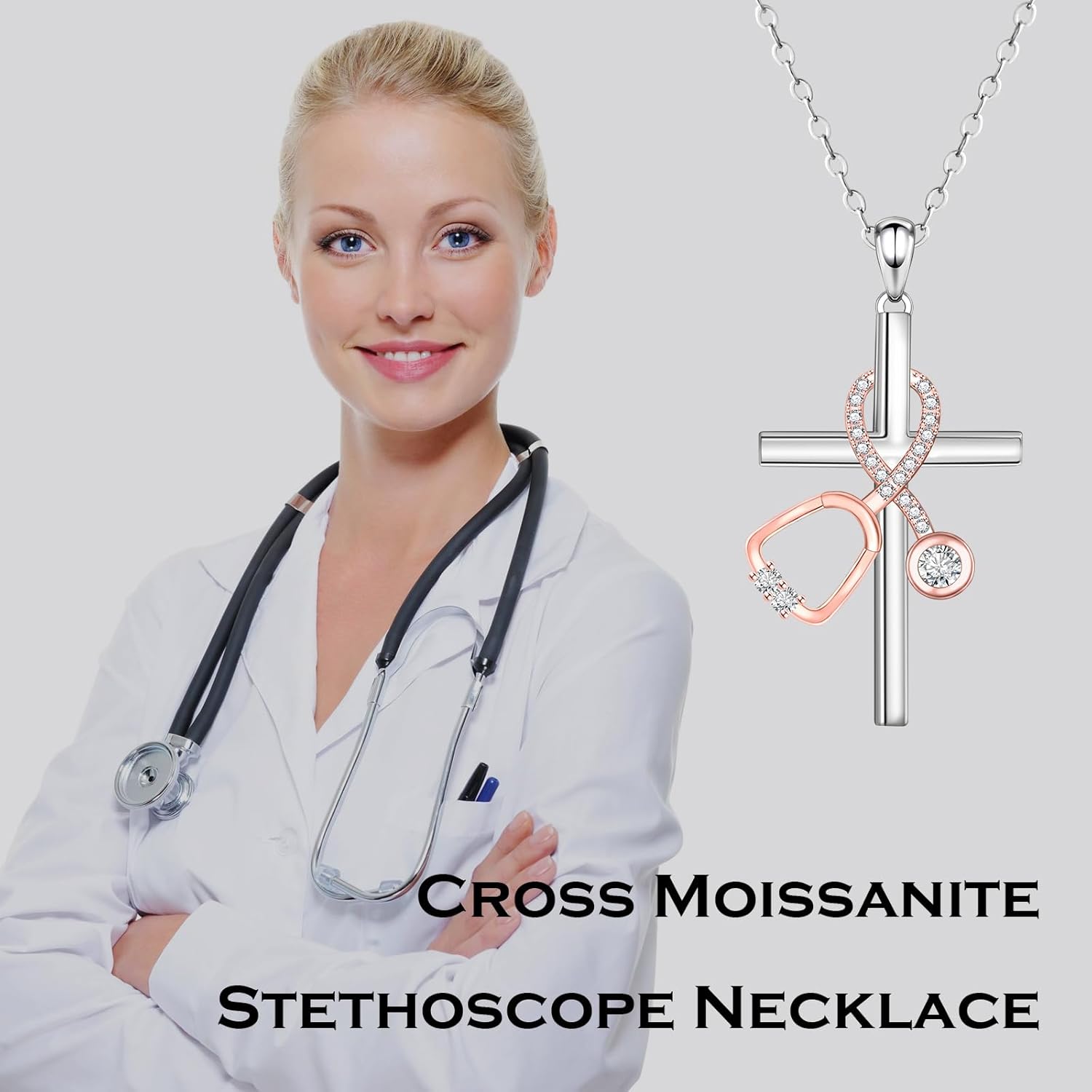 Cross Moissanite Stethoscope Necklace - 925 Sterling Silver Moissanite Nurse Stethoscope Pendant Necklace Nursing Cross Jewelry Graduation Gifts for Doctor Medical Assistant - Image 4
