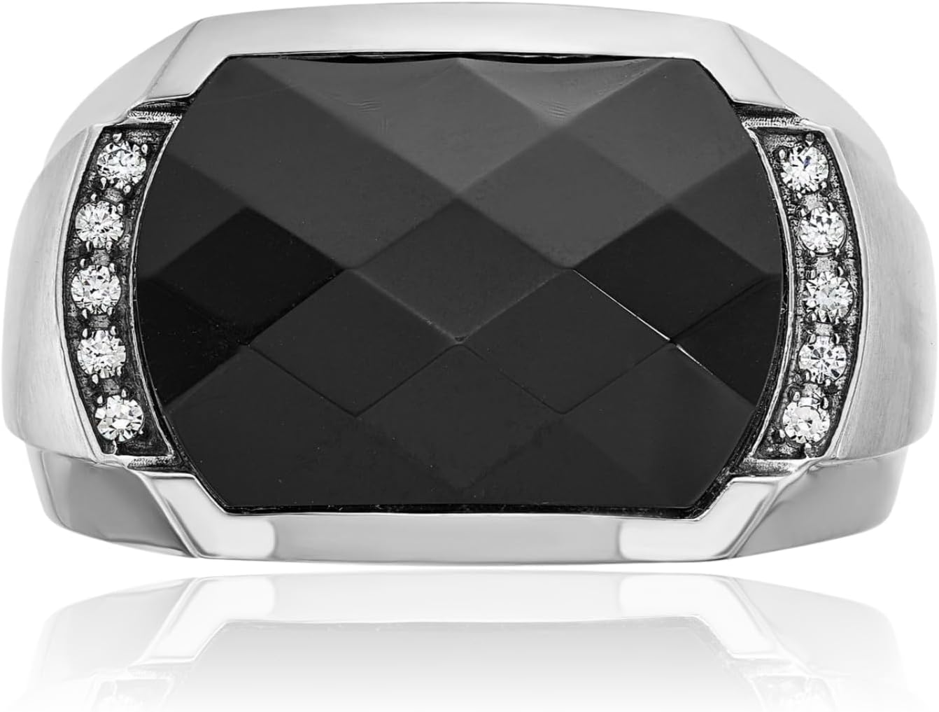 IceCarats 14K Solid White Gold 0.10 carat Black Onyx Diamond Extra Wide Statement Signet Ring 13.5mm Band Prong Set, Brushed