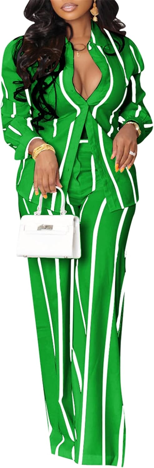 Elainone Women's 2 Piece Outfits Stripe Long Sleeve Button Down Shirt Wide Leg Long Pants with Pockets