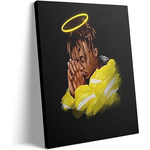 Juice WRLD Prayer Halo Canvas Wall Art Vibrant Yellow Rapper Portrait Poster, Inspirational Music Aesthetic Picture Artwork for Bedroom Game Room Living Room Bar Studio Wall Decor, Framed 8x10inch