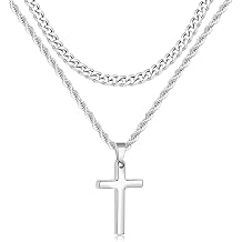 Fiusem 2 Pcs Cross Necklace Chain for Men and Women, Layered Mens Cross Necklaces Stainless Steel Pendant Cuban Link Rope Chain 16-26 Inch, Jewelry Gift