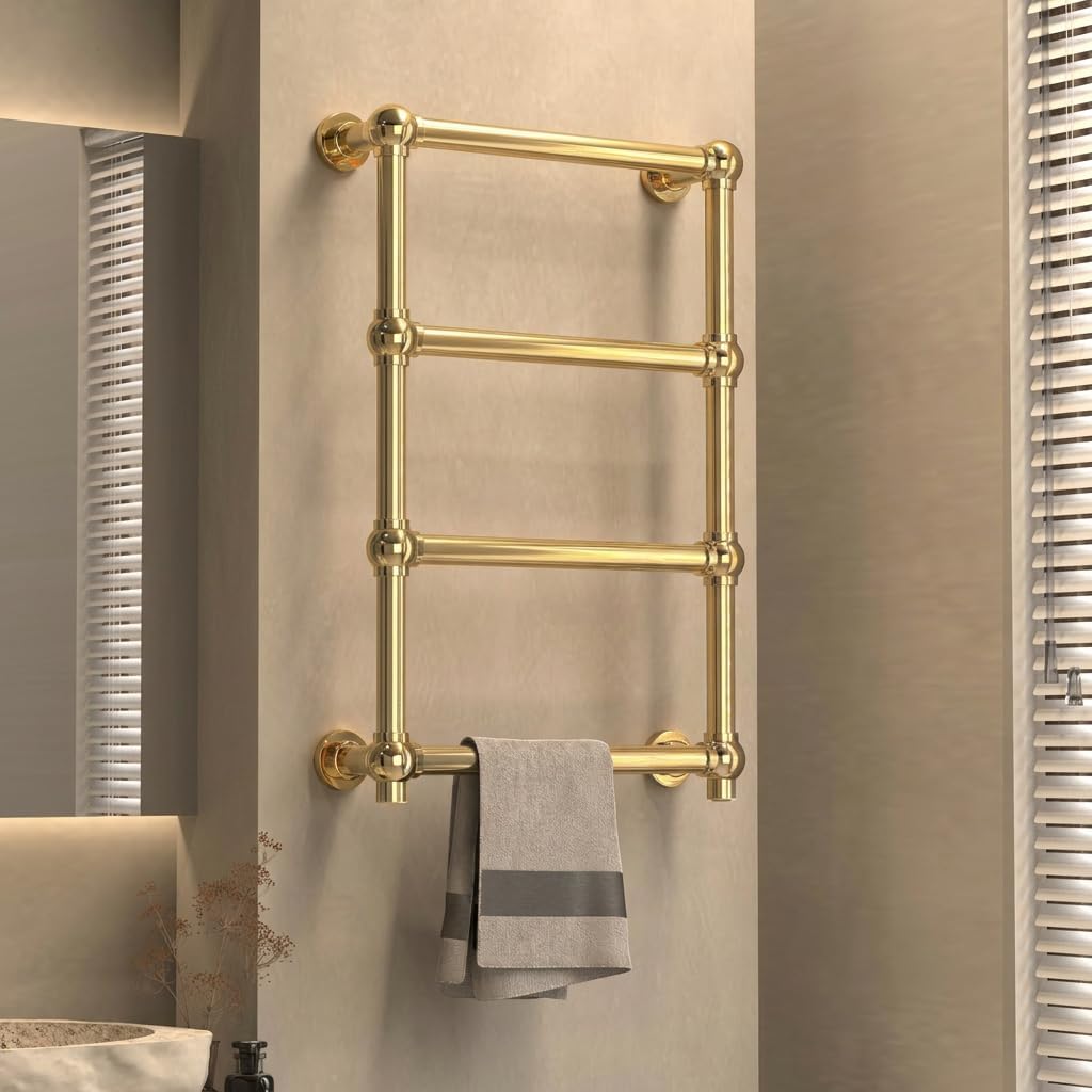 P&Dlusir Luxrious Radiator Towel Rail, 19.69" W x 29.5" H Electric Towel Warmer/Dryer, Hardwired/Plug-in, 55°C (131°F) One Button Constant Heating, Polished Gold