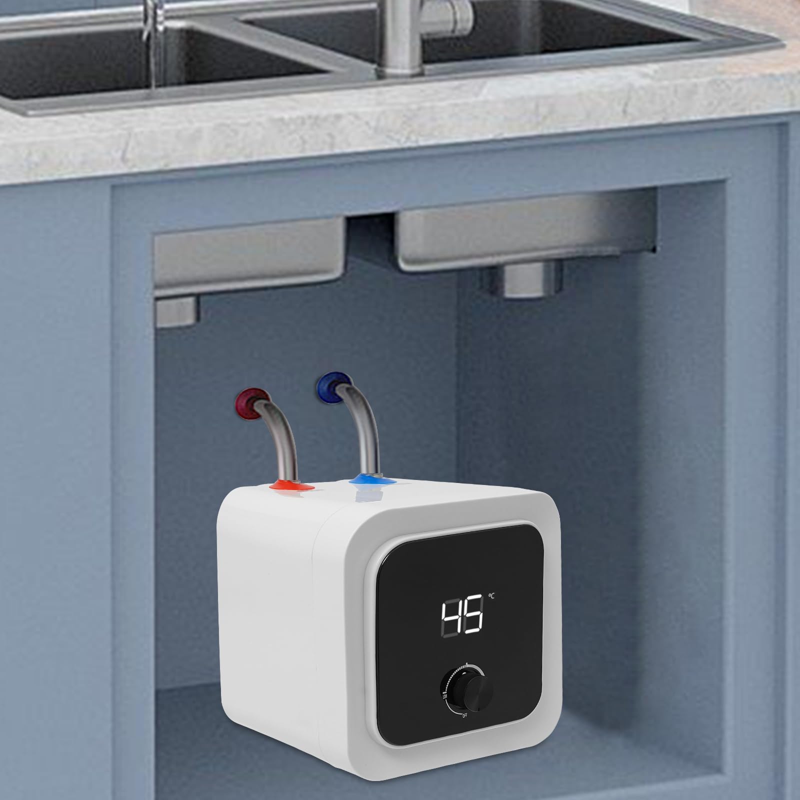 Scaldabagno elettrico istantaneo 8L sottopiano, serbatoio acqua calda 1500W con regolatore di temperatura tubi riscaldanti in acciaio inox 316, scaldabagno per cucina e bagno, protezione IPX4, bianco