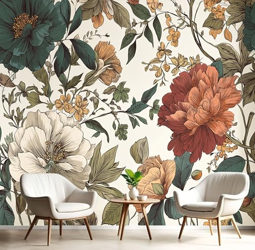 3D Papel Pintado Flores Pintadas A Mano Para Pared – Mural Decorativo Beige Para Dormitorio Y Sala Barroco Vintage – Póster Fotográfico Papel Tapiz Fotomurales De Pared 400X280Cm