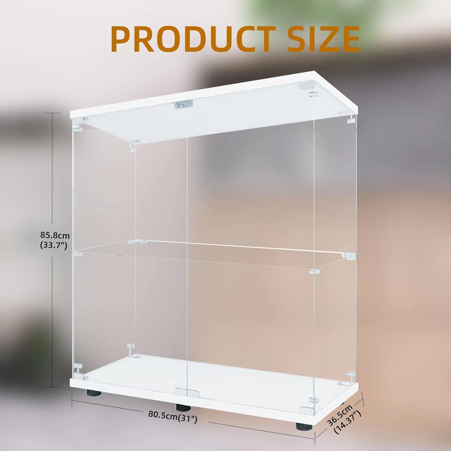 2-Tier Glass Display Cabinet 2 Shelves with Door,Curio Cabinet Collection Display Case,Floor Standing Glass Curio Bookshelf for Living Room Bedroom Office, 35.35” x 31.69”x 14.37”