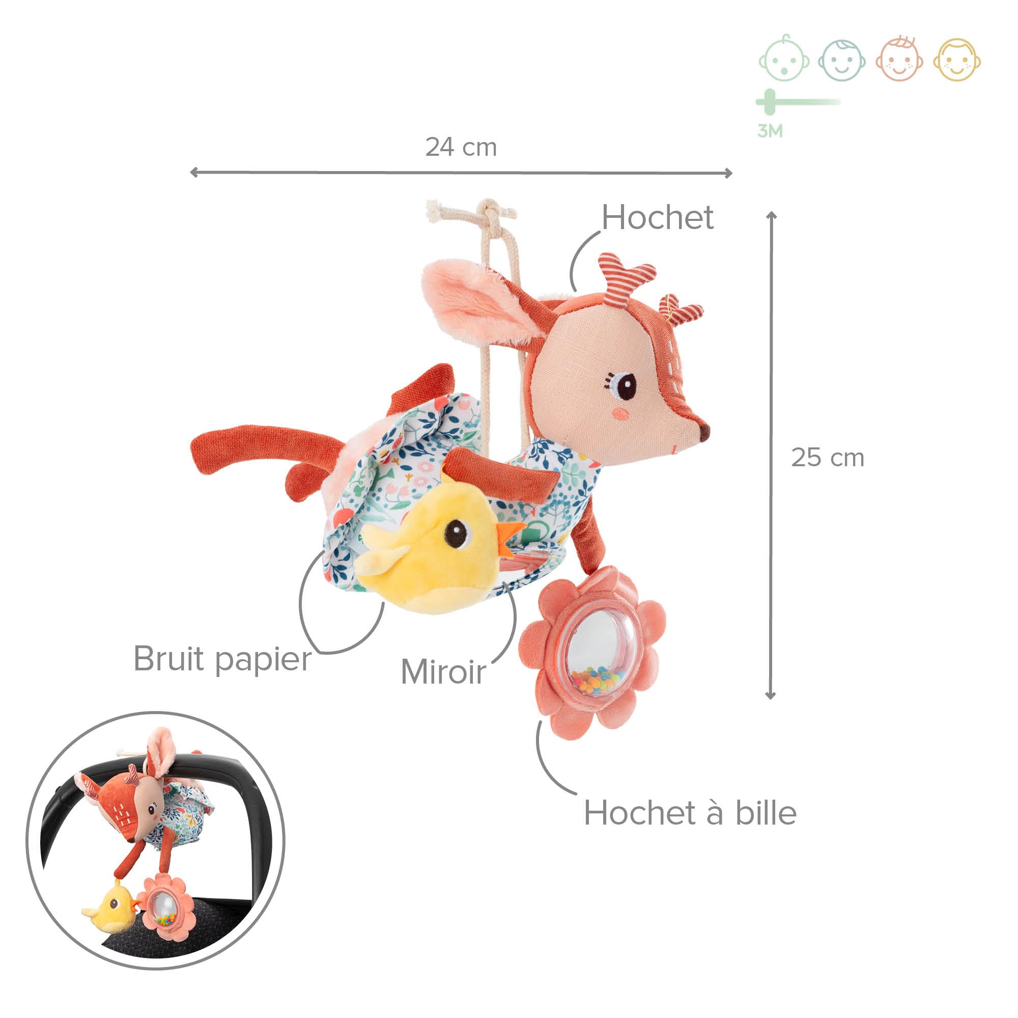 LILLIPUTIENS - Acti-Nomade Stella Il cerbiatto - Giocattolo per Bebè - Perfetto per passeggini o seggiolini Auto -Stimolazione sensoriale - Compagno di Viaggio Morbido e Divertente - dai 3 mesi-83521