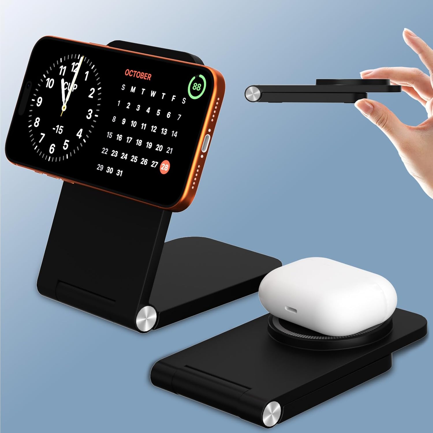 Wireless Charger, Magnetic Foldable Travel Fast Charging Station Stand for iPhone 17 16 15 14 13 12 Series, iPhone Wireless Mag-Safe Charger Dock for AirPods 3/2/Pro 2/Pro Foldable Black