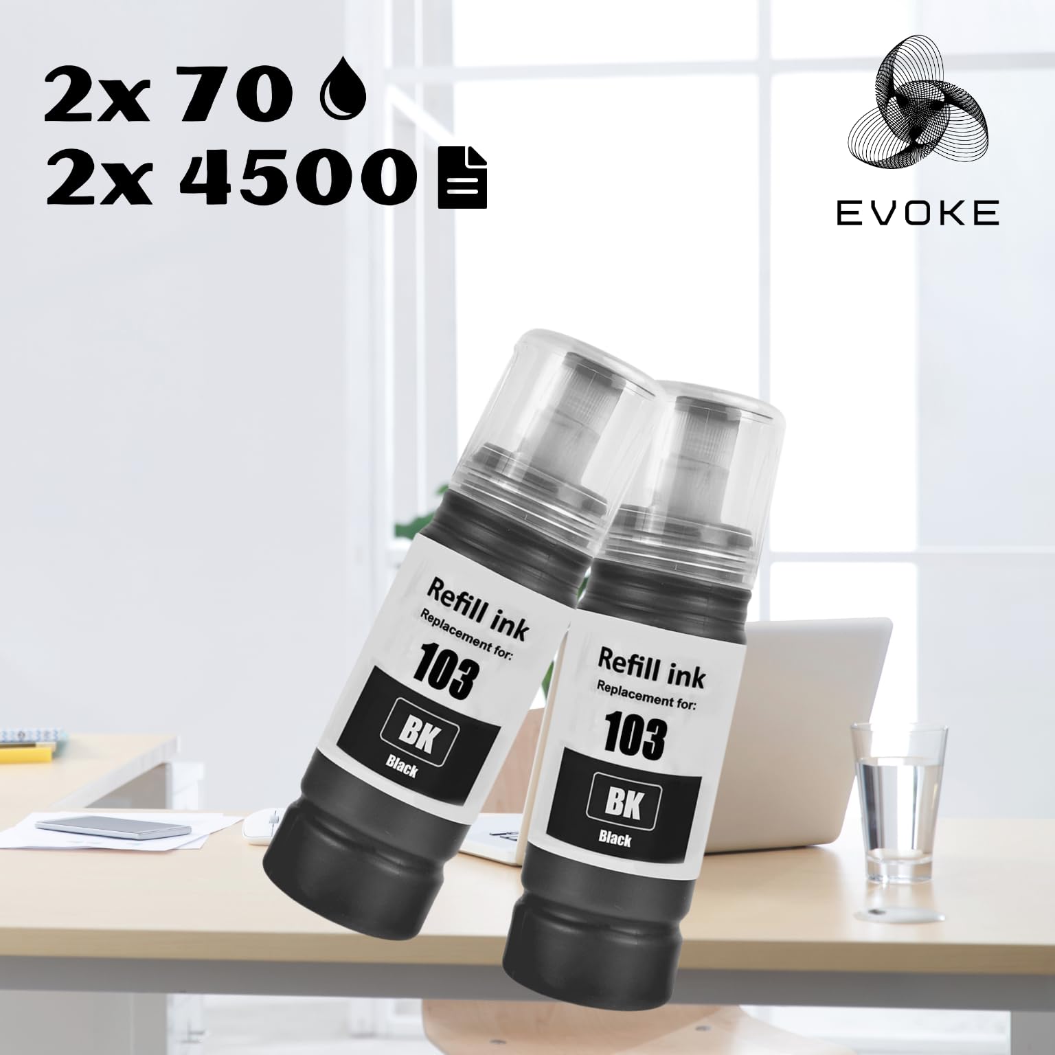 EVOKE 103 XL Zestaw tuszy kompatybilny z Epson EcoTank L3251 L3250 L3150 L3151 L3260 L3256 (Zestaw CMYK + czarny) 31500 Stron 350 ml
