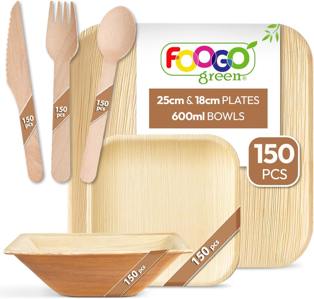 FOOGO Green 900pcs Disposable Palm Leaf Plates, Bowls and Wooden Cutlery Set, FSC® Certified, 150x Large Square, 150x Small Plates, 150x Bowls, 150x Forks, 150x Knives, 150x Spoons, Ecofriendly — image 1