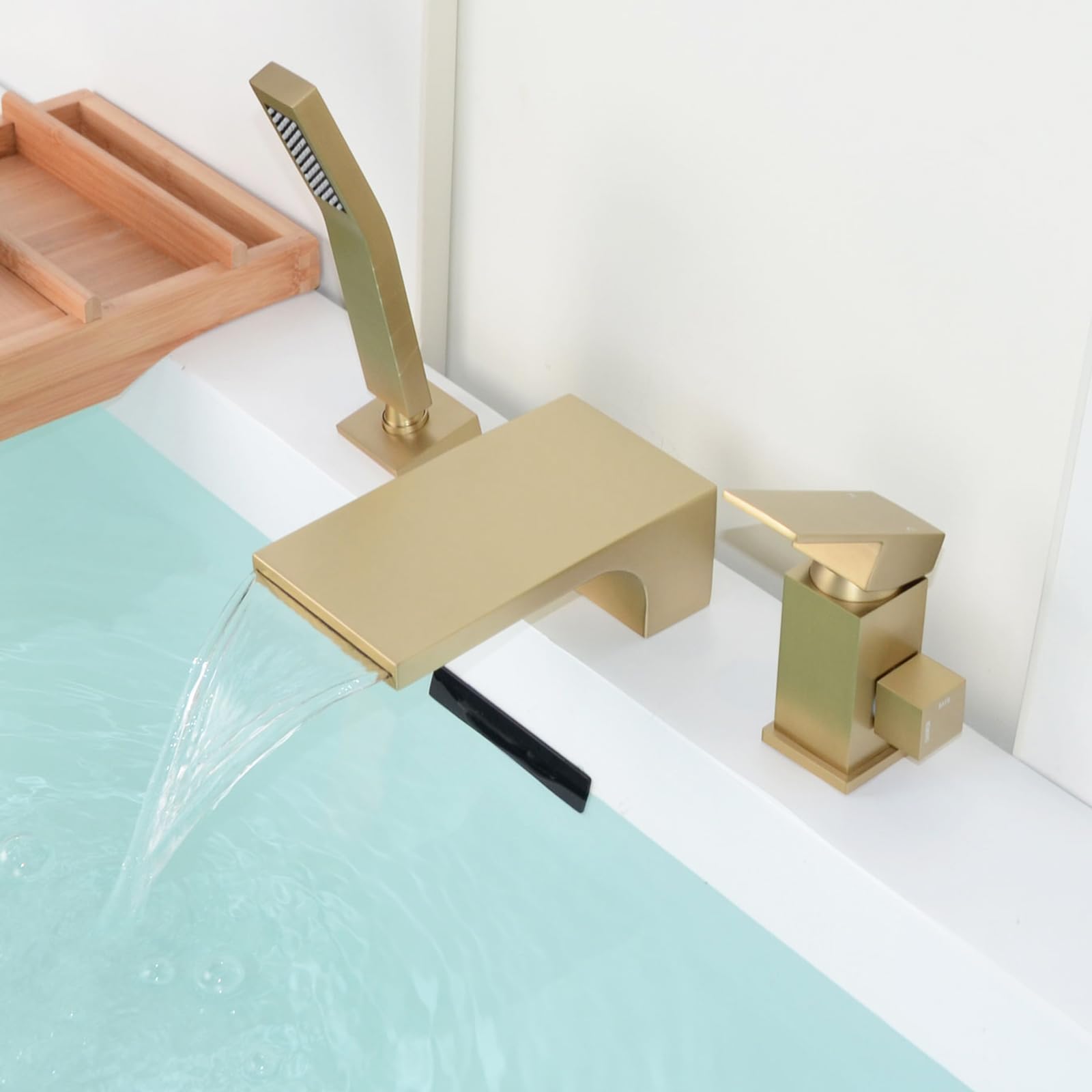 Robinet Baignoire 3 Trous, Mitigeur avec Douchette 3 Trous, Robinetterie de Baignoire Cascade, Or Brossé, 6Y4OK