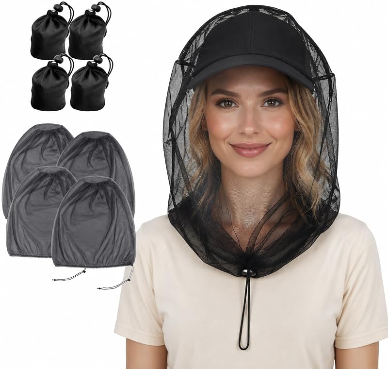 4 Pack Mosquito Head Net for Hats, Fine Mesh Bug Mask for Fishing Camping | Breathable Fine Mesh Protects Against Mosquitoes for Outdoor Activities