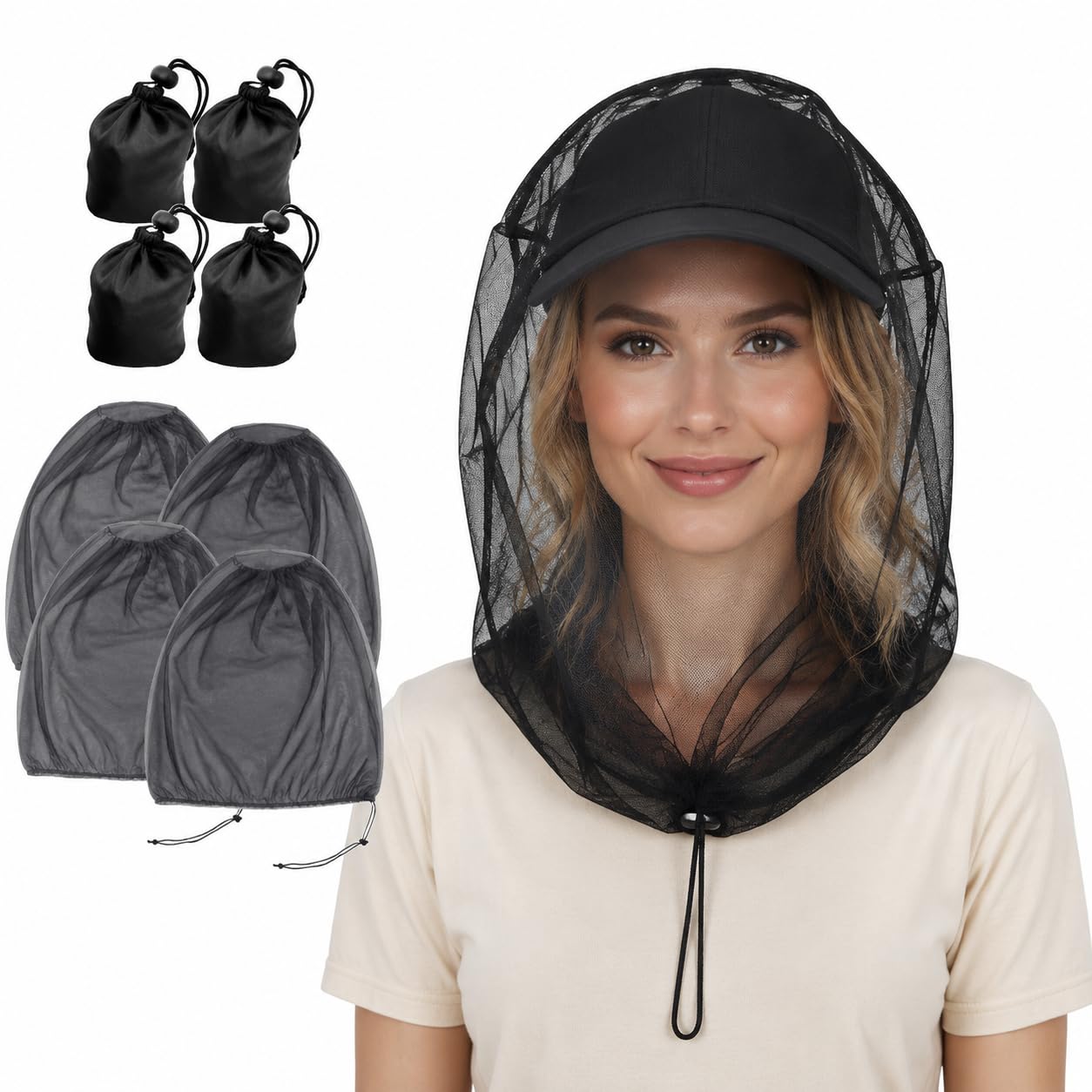 4 Pack Mosquito Head Net Mesh Bug Net for Head - Fits Over Hats Insect Shield Face Cover Mask, Breathable Fine Mesh for Fishing Hiking Camping Gardening Men Women (Black)-image-9