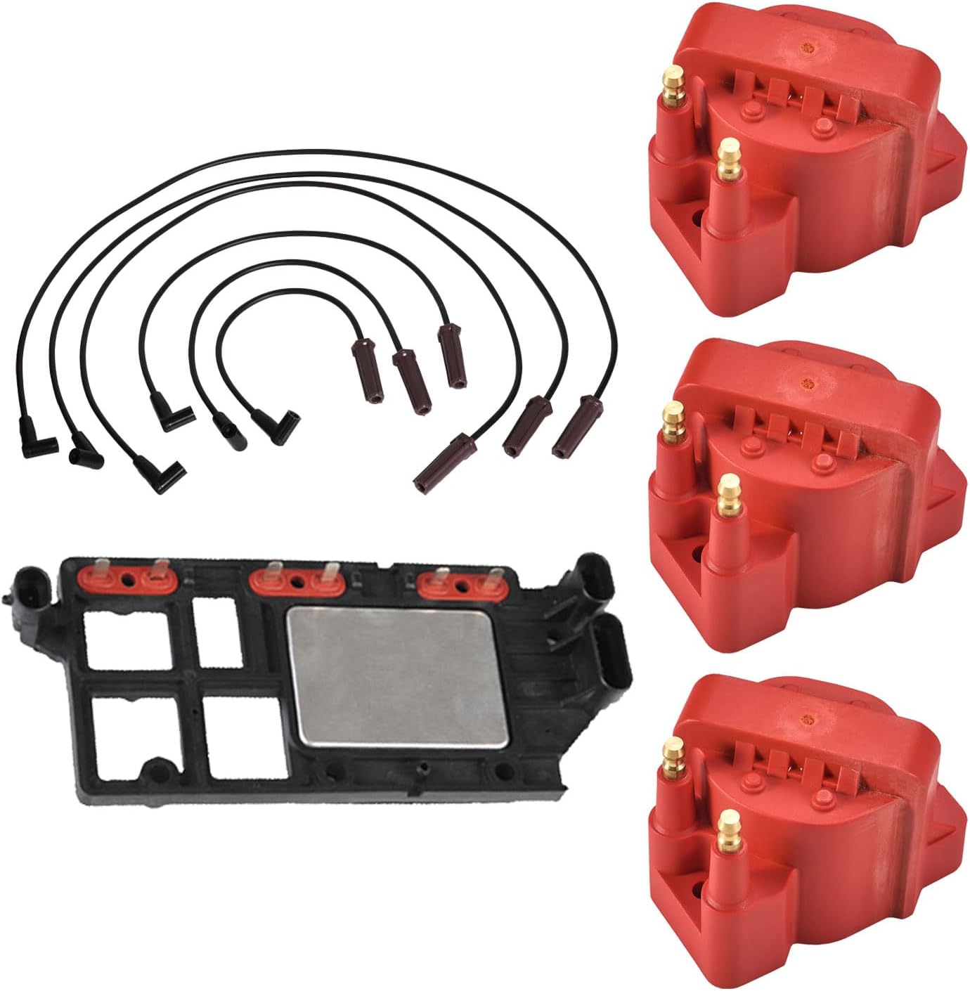 ENA Set of 3 Red Ignition Coil and Module with Wire Set Compatible with Buick Chevrolet Oldsmobile Pontiac Century Impala Lumina Malibu Venture Silhouette Montana Replacement for LX346