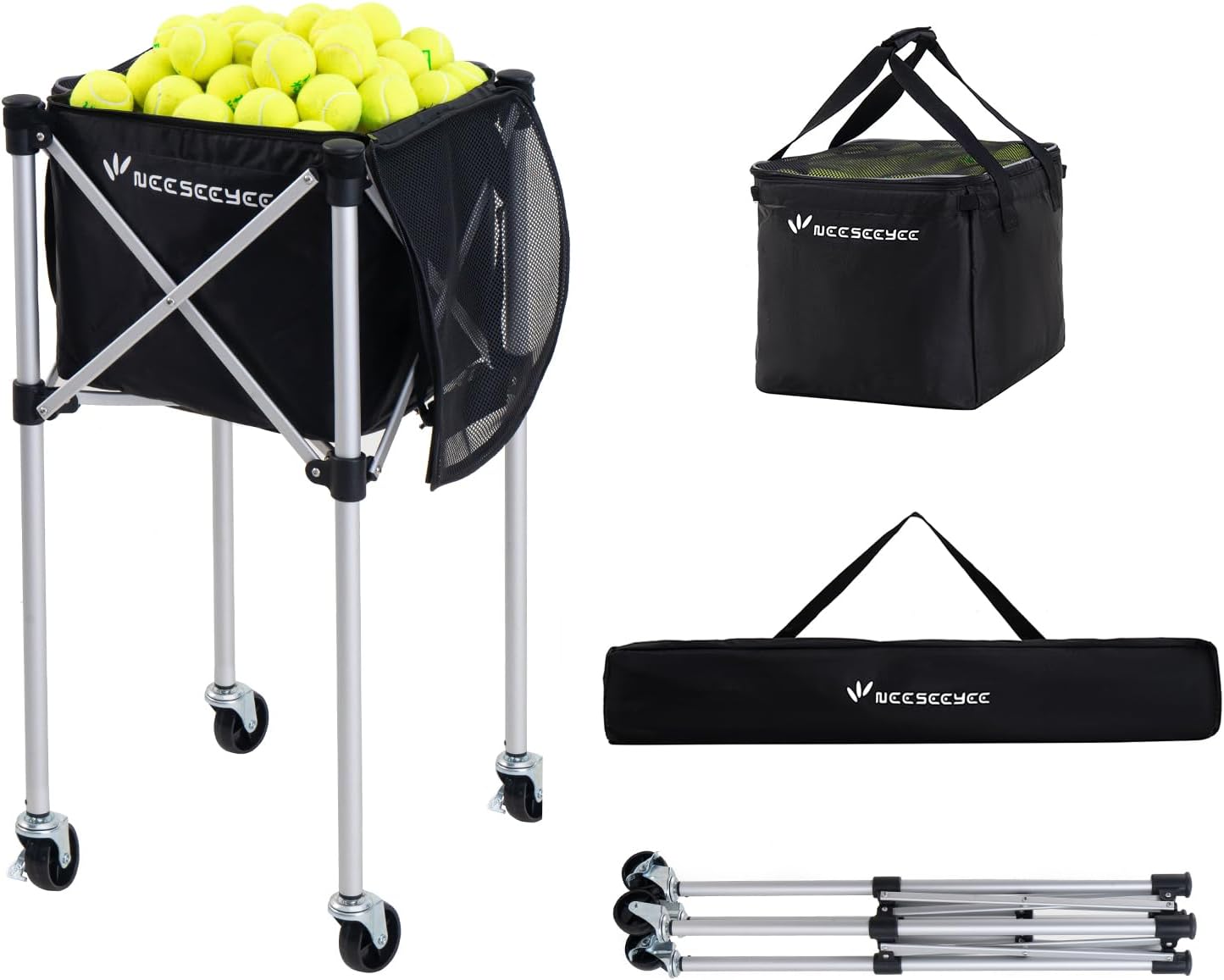 NEESEEYEE Tennis Ball Hopper Tennis Ball Cart Lightweight Sports Teaching Cart Carry Tennis Bag Included (Holds Up to 160 Tennis Balls)