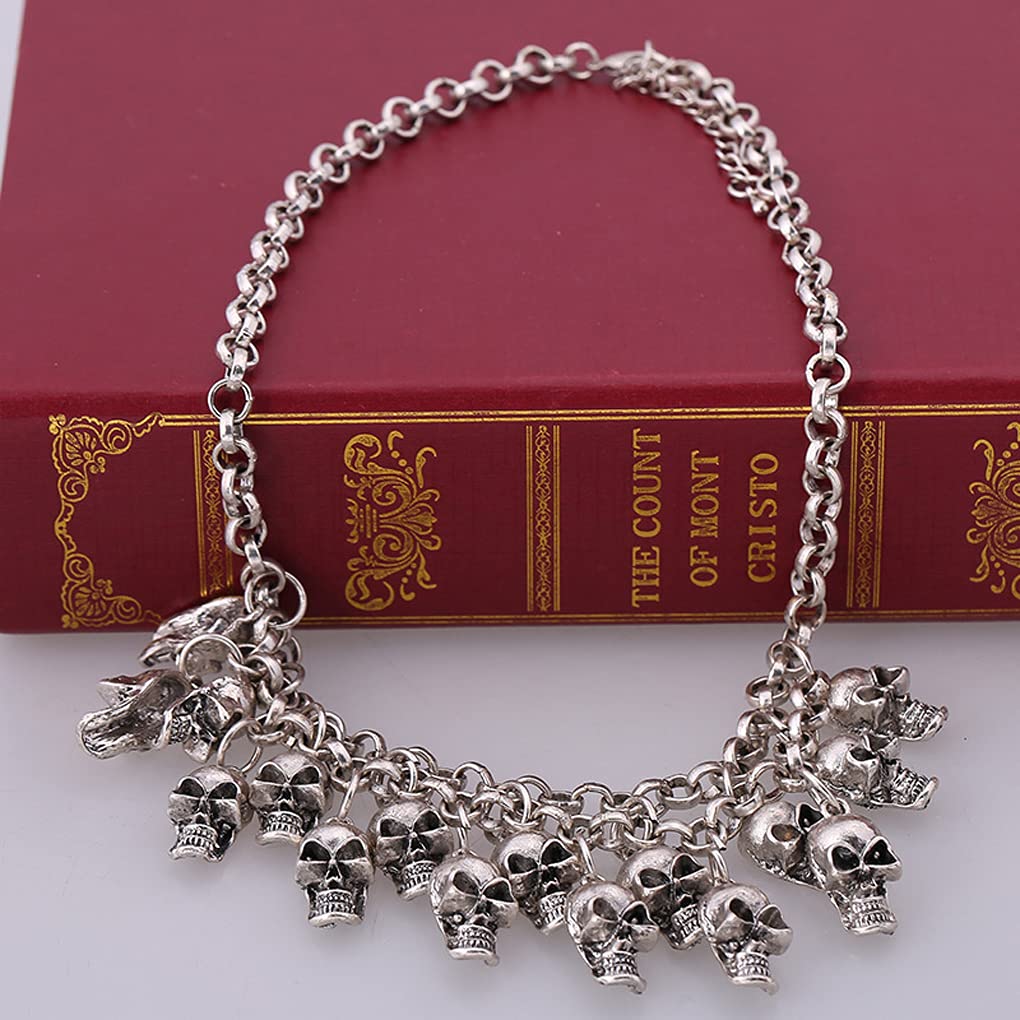YJZQ Vintage Creative Alloy Halloween Skull Necklace Jewellery Women Pirate Cosplay Fancy Dress Costume Accessory, Vintage Silver - Image 2