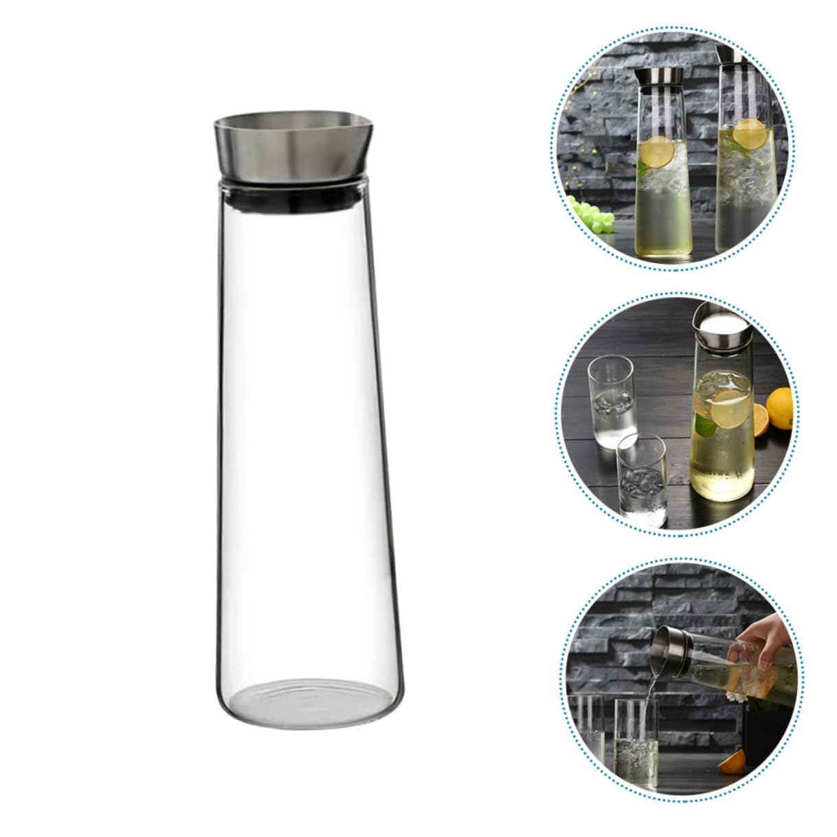 DOITOOL Jarra de Agua Fría de Vidrio de Borosilicato 1L Tapa de Acero Inoxidable Diseño Recto Antidesbordamiento Recipiente Transparente para Jugo Adecuado para Uso Doméstico y Oficina