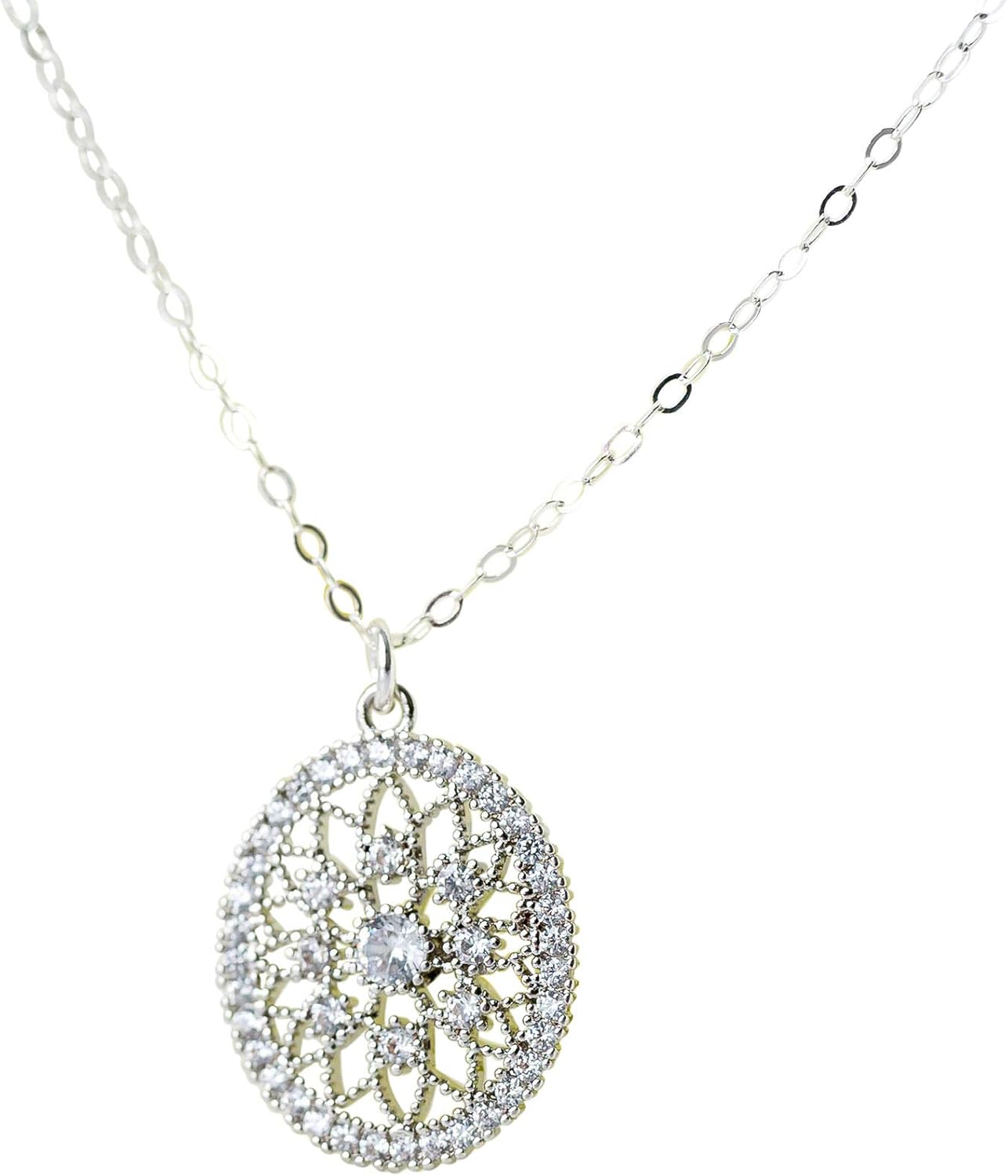 Designed By Stacey Handmade Filigree Oval Pendant Necklace, Cubic Zirconia Pendant Sterling Silver Jewelry, Gifts for Women, Birthday, Anniversary, Wedding, Prom, Homecoming, 16-18" Adjustable Chain