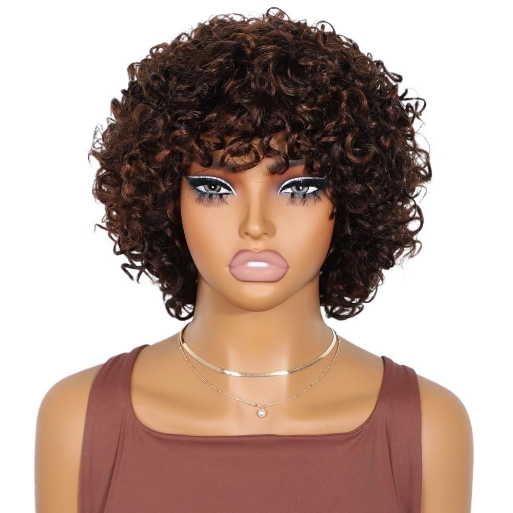Xiuling4568 Women's Brown Pixie Cut Short Curly Human Hair Wigs With Bangs For 10 Inch Glueless Wig 180 Density Hairs Extensions(Brown)
