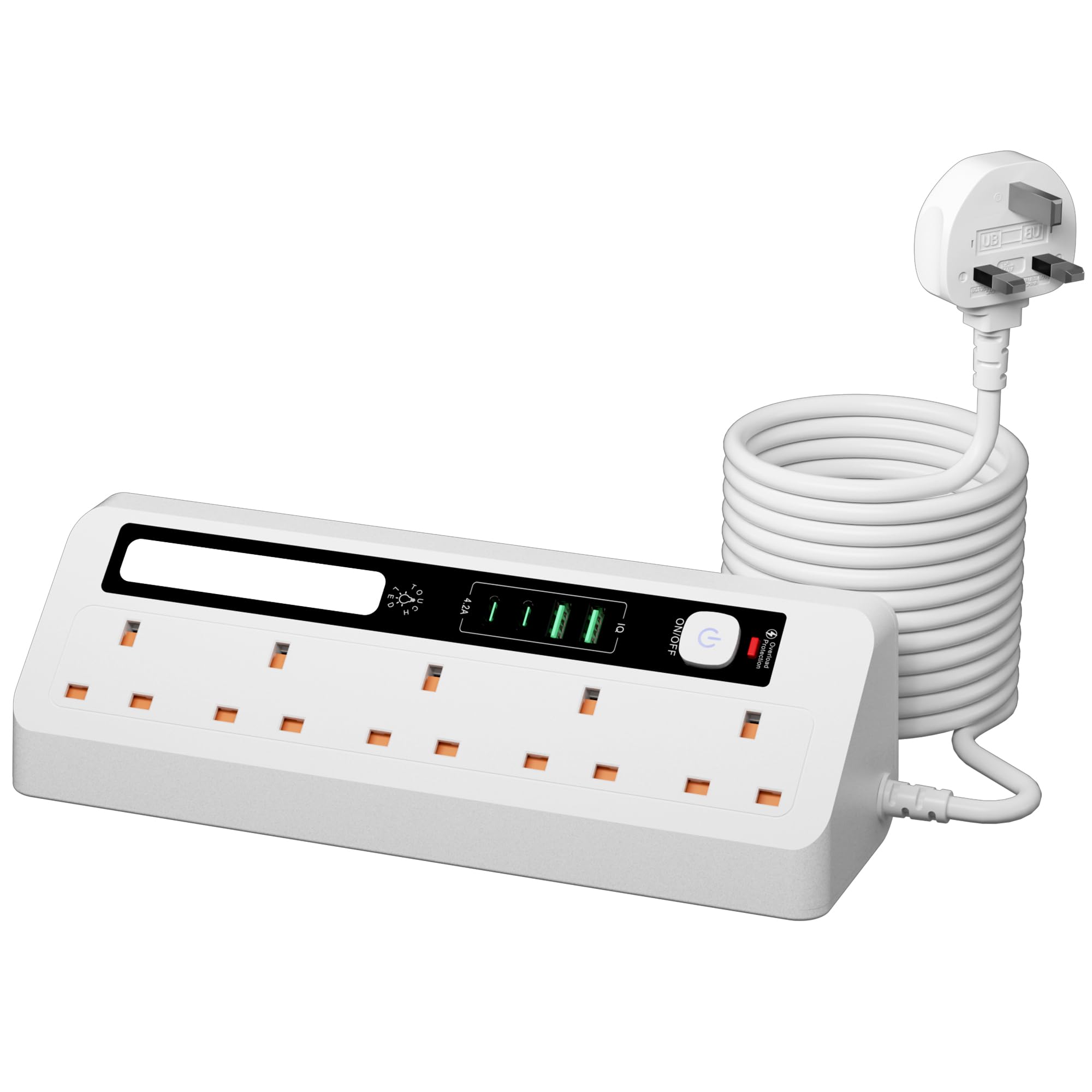 AUNNO Extension Lead with USB Slots, 5 Way Sockets Outlets with 2 USB-A Ports and 2 USB-C Ports, 1.8M Extension Cable with Switch Surge Protected and Adjustable Night Light Bar