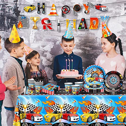 Race Car Birthday Party Supplies-142Pcs Racing Themed Plates And Napkins Set Boys Birthday Checkered Flag Two Fast Race Car Tableware Black Racetrack Race Car Decorations #TOP1