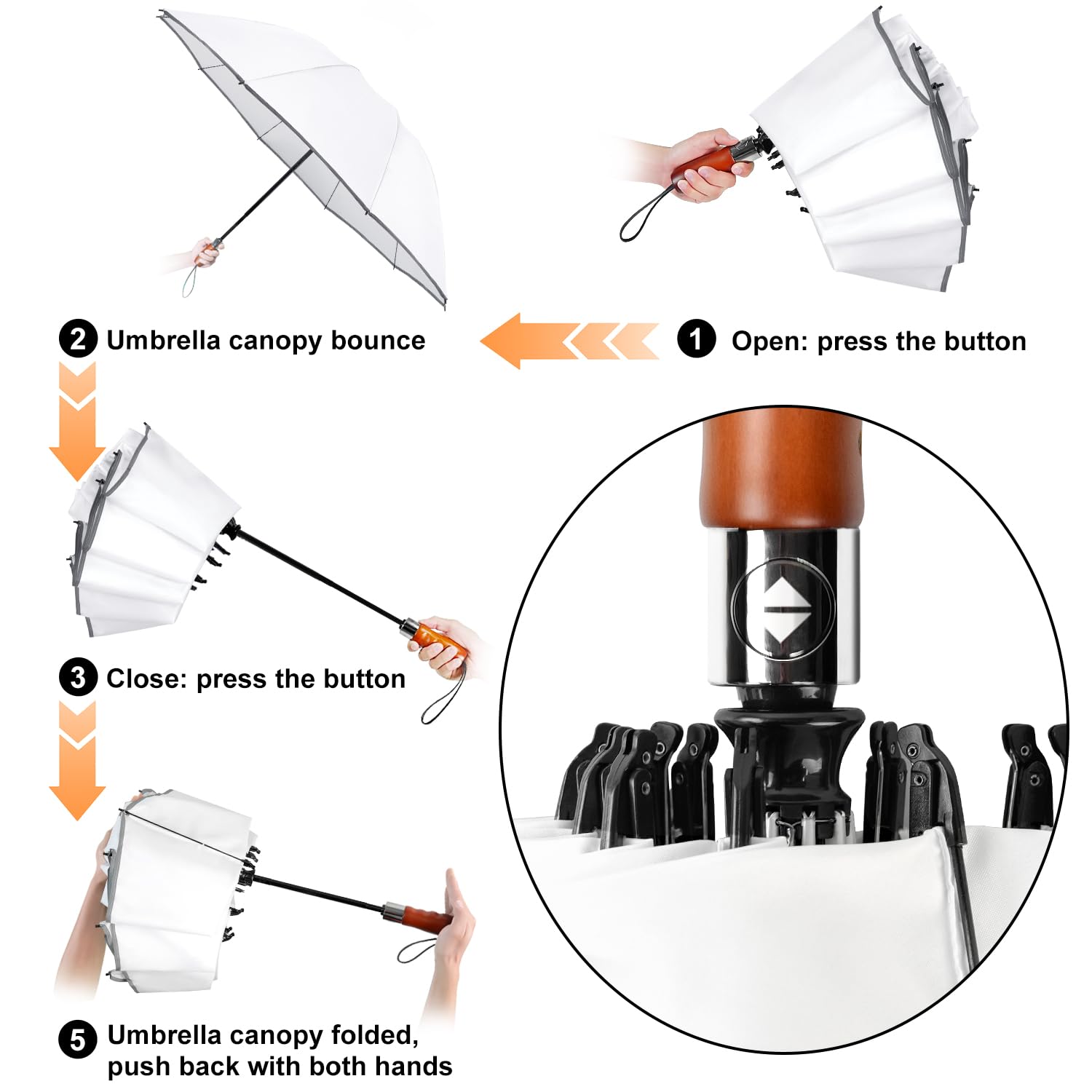Lejorain Parapluie de voyage inversé Blanc – Ouverture automatique – parapluie portable pour filles et garçons (50 pouces)