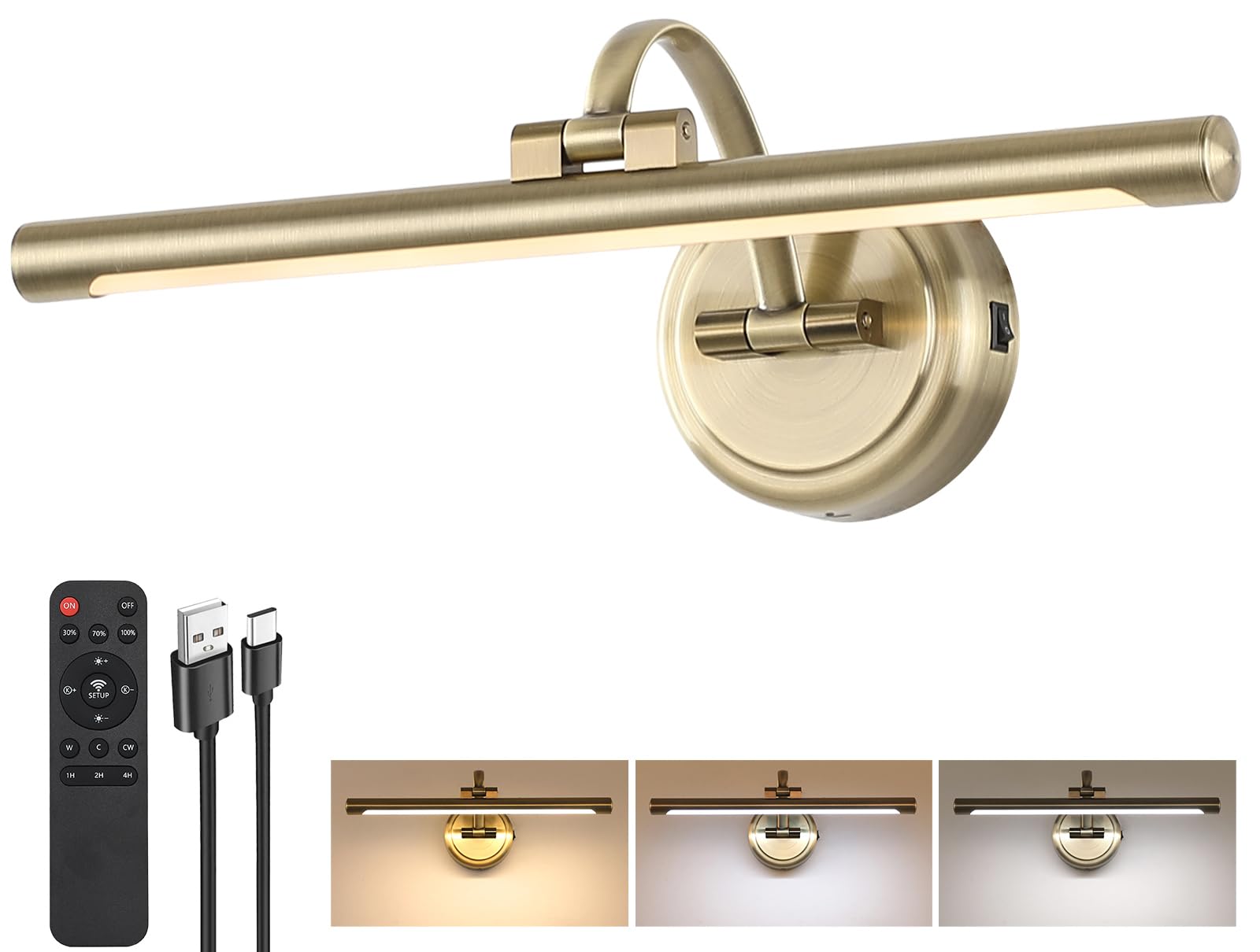 Tassuowell Picture Light for Wall, Battery Operated Art Light, Picture Frame Light with Remote & Timer, Cordless Wall Light with 3 Colors Modes for Pantings, Photo Gallery(Antique Bronze, 15.7inch)