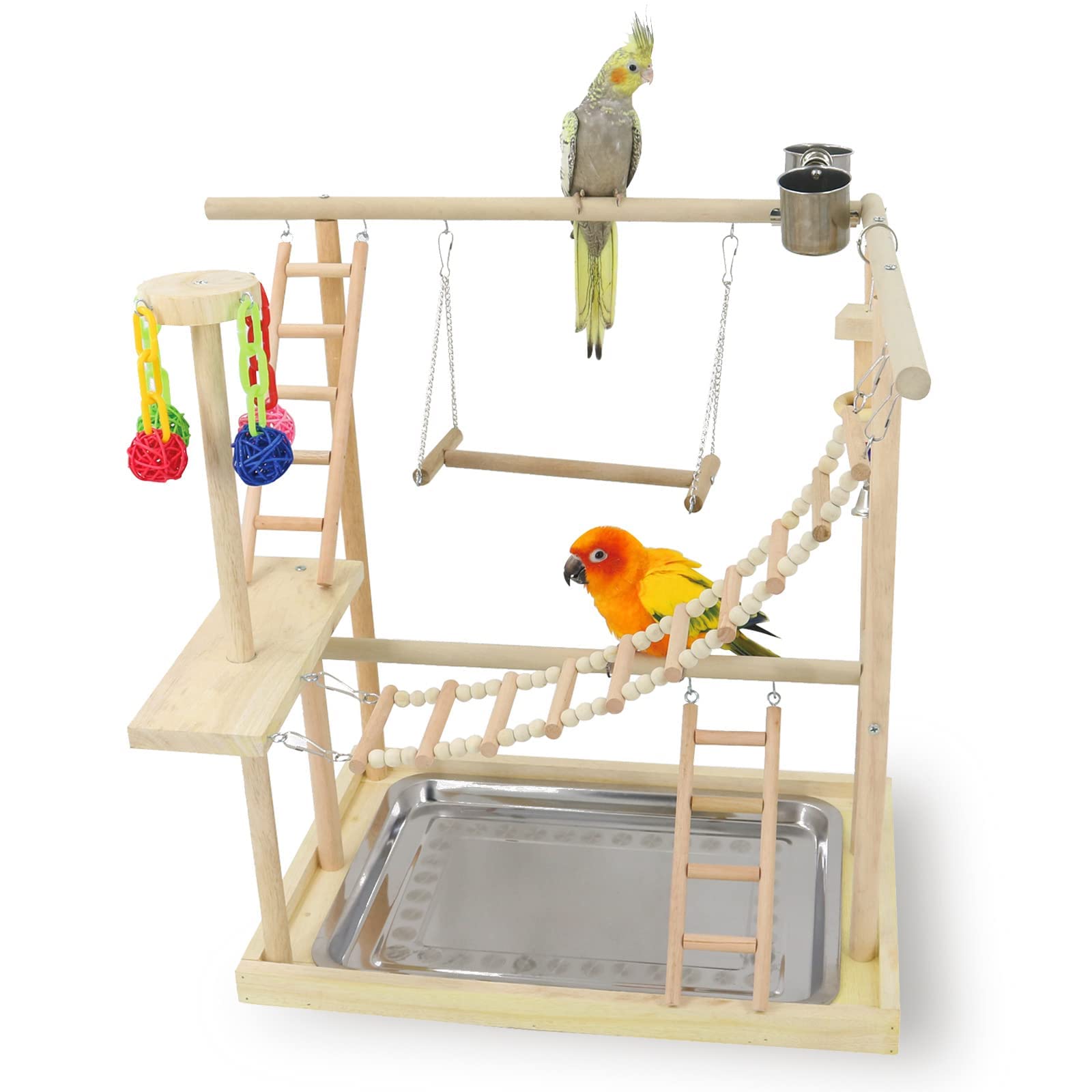 Pappagallo Playstand, Palestra gioco per uccelli, scaletta in legno, giocattolo da masticare con ciotole, centro esercizi per calopsitta