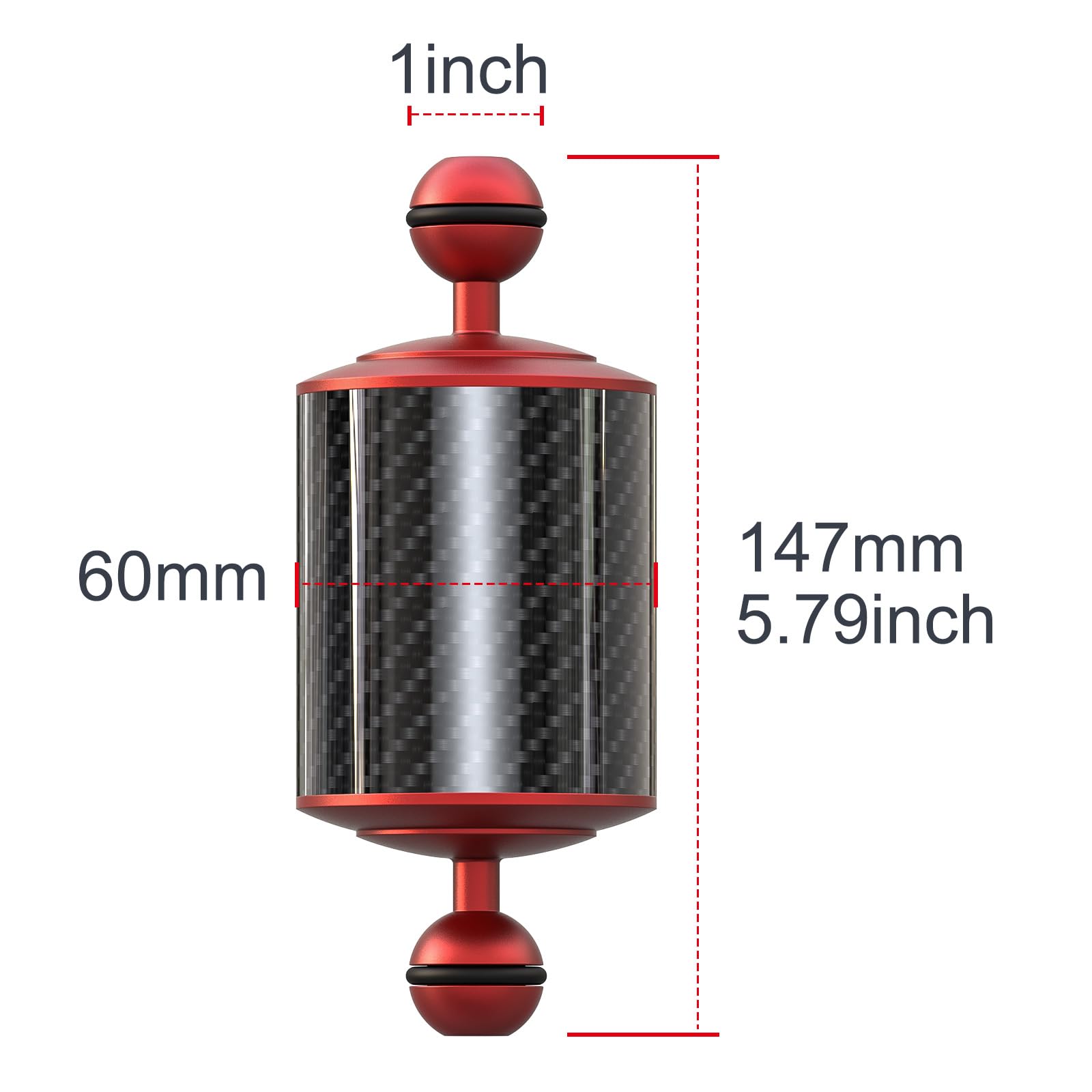 Carbon Fiber Underwater Float Arm with Dual Ball Mounts for Photography and Video, Compatible with Diving Trays, Video Lights, Strobes (red, 60mm5')