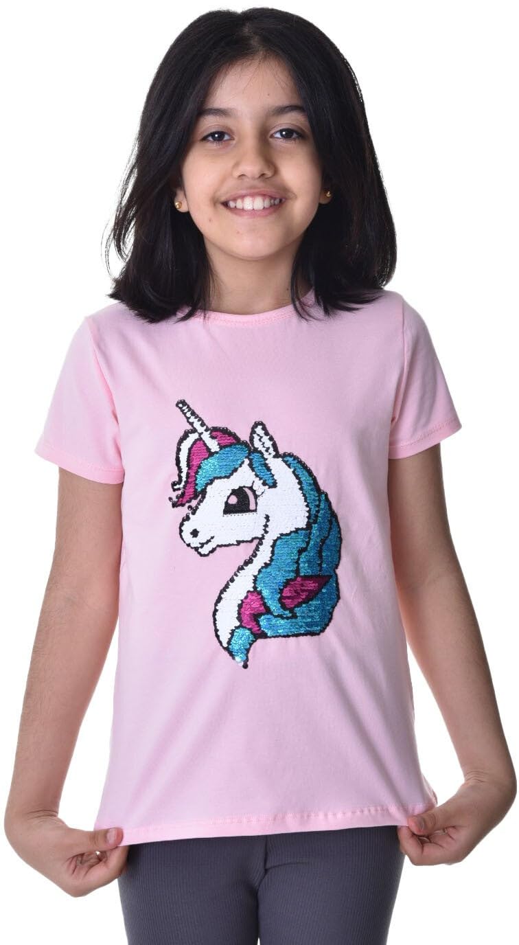 Generisch Unicornio 1 Niños Niñas Reversible Lentejuelas Camiseta Larga Blusa Manga Corta Túnica 100% Algodón